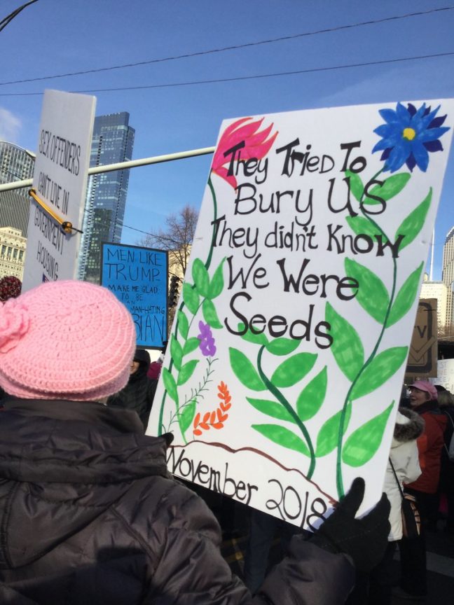 Poster held up by a person with a pink beanie. Poster reads, "They tried to bury us but they didn't know we were seeds"